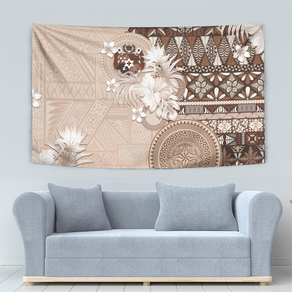 Tonga Ngatu Motifs Tapestry With Coat Of Arms Beige
