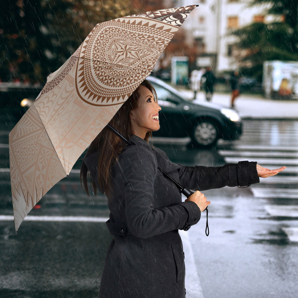 Tonga Ngatu Motifs Umbrella With Coat Of Arms Beige