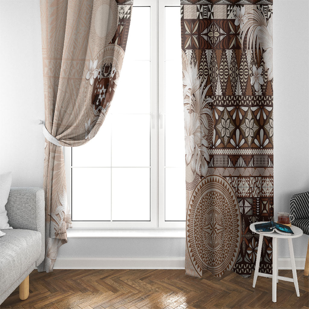Tonga Ngatu Motifs Window Curtain With Coat Of Arms Beige