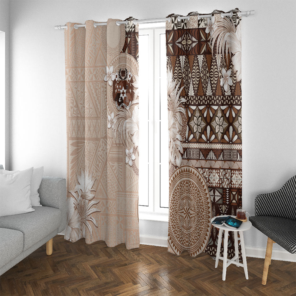 Tonga Ngatu Motifs Window Curtain With Coat Of Arms Beige