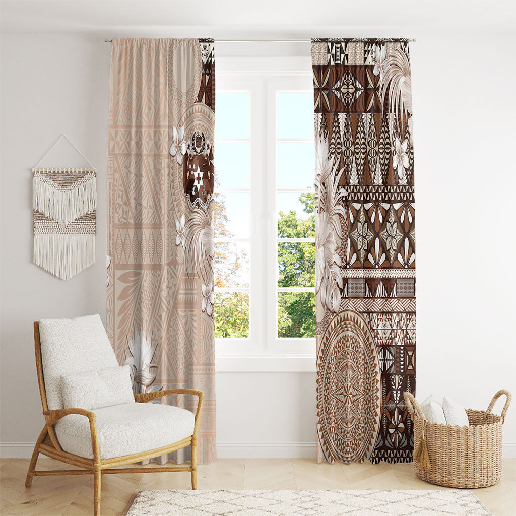 Tonga Ngatu Motifs Window Curtain With Coat Of Arms Beige