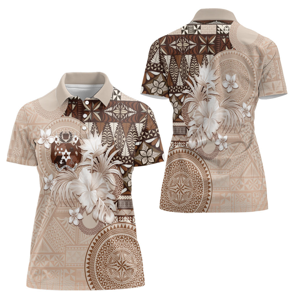 Tonga Ngatu Motifs Women Polo Shirt With Coat Of Arms Beige