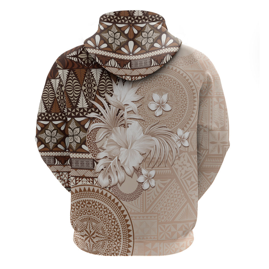 Tonga Ngatu Motifs Zip Hoodie With Coat Of Arms Beige