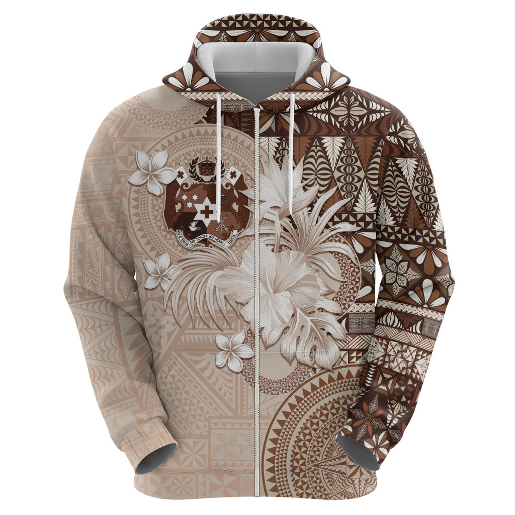 Tonga Ngatu Motifs Zip Hoodie With Coat Of Arms Beige