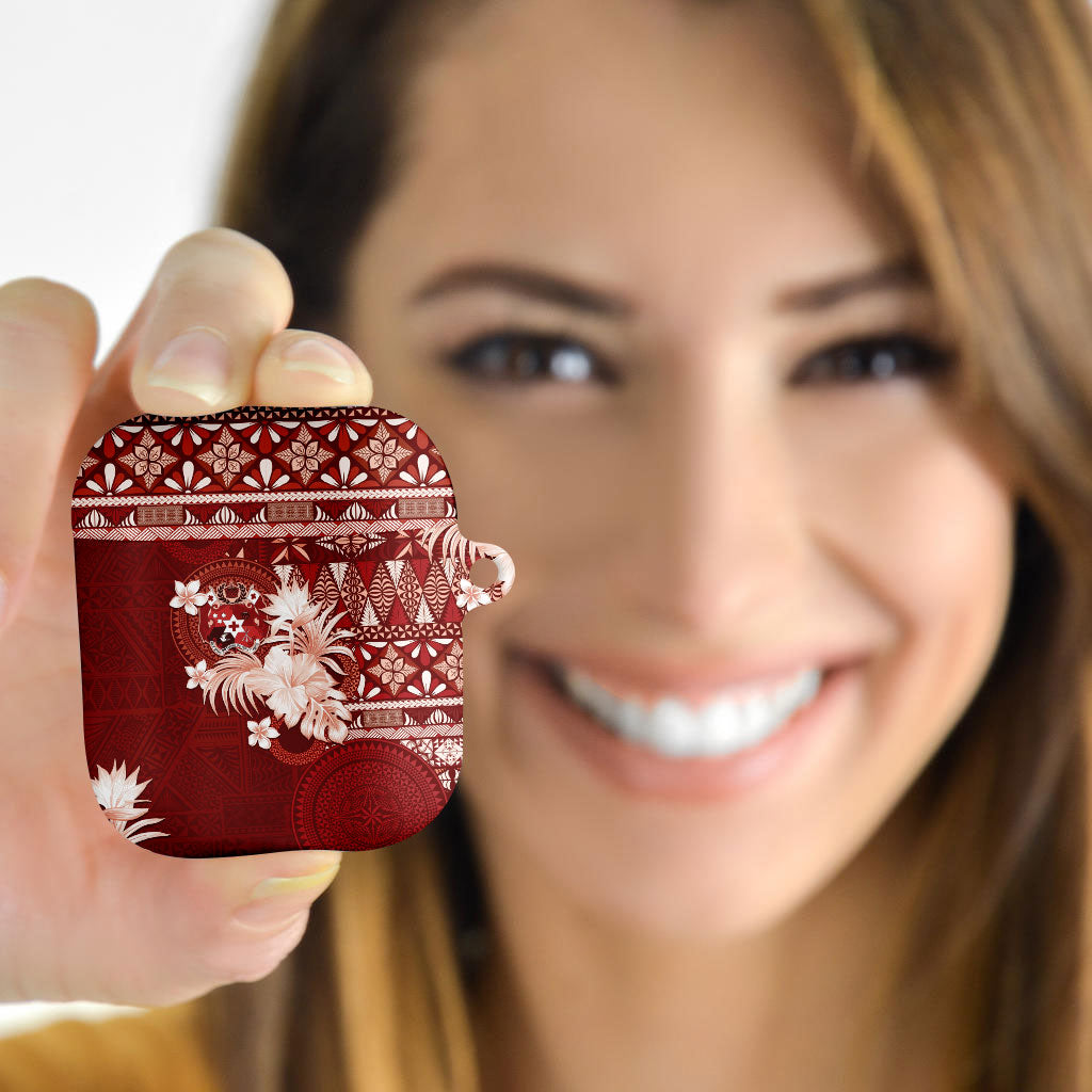 Tonga Ngatu Motifs AirPods Case With Coat Of Arms Red