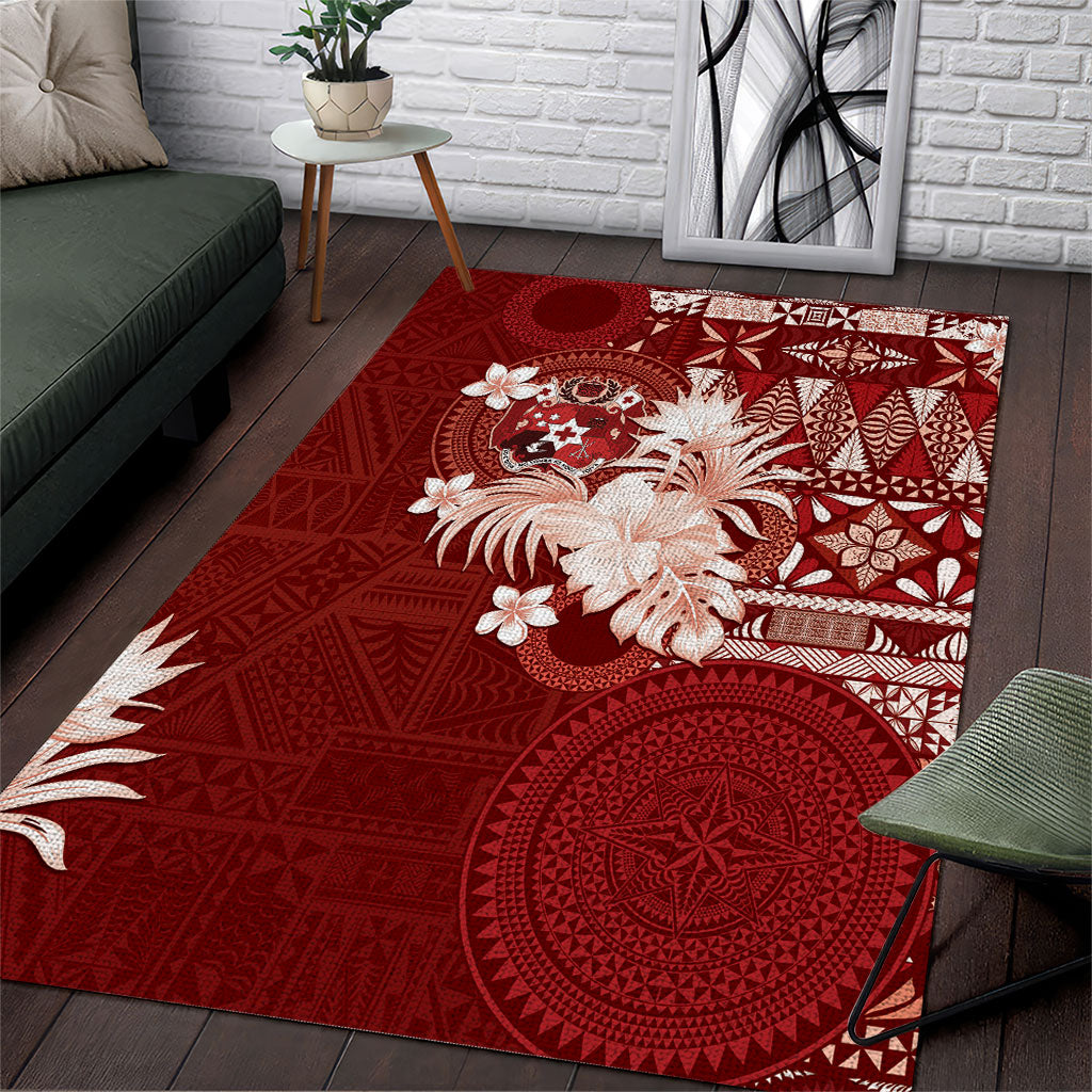 Tonga Ngatu Motifs Area Rug With Coat Of Arms Red