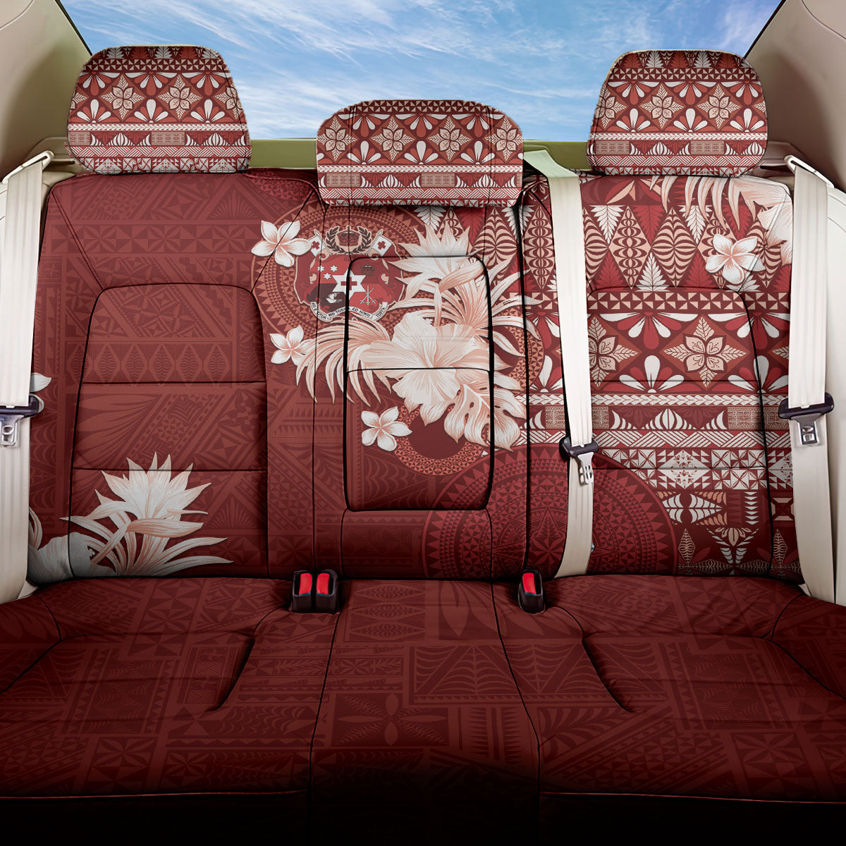 Tonga Ngatu Motifs Back Car Seat Cover With Coat Of Arms Red