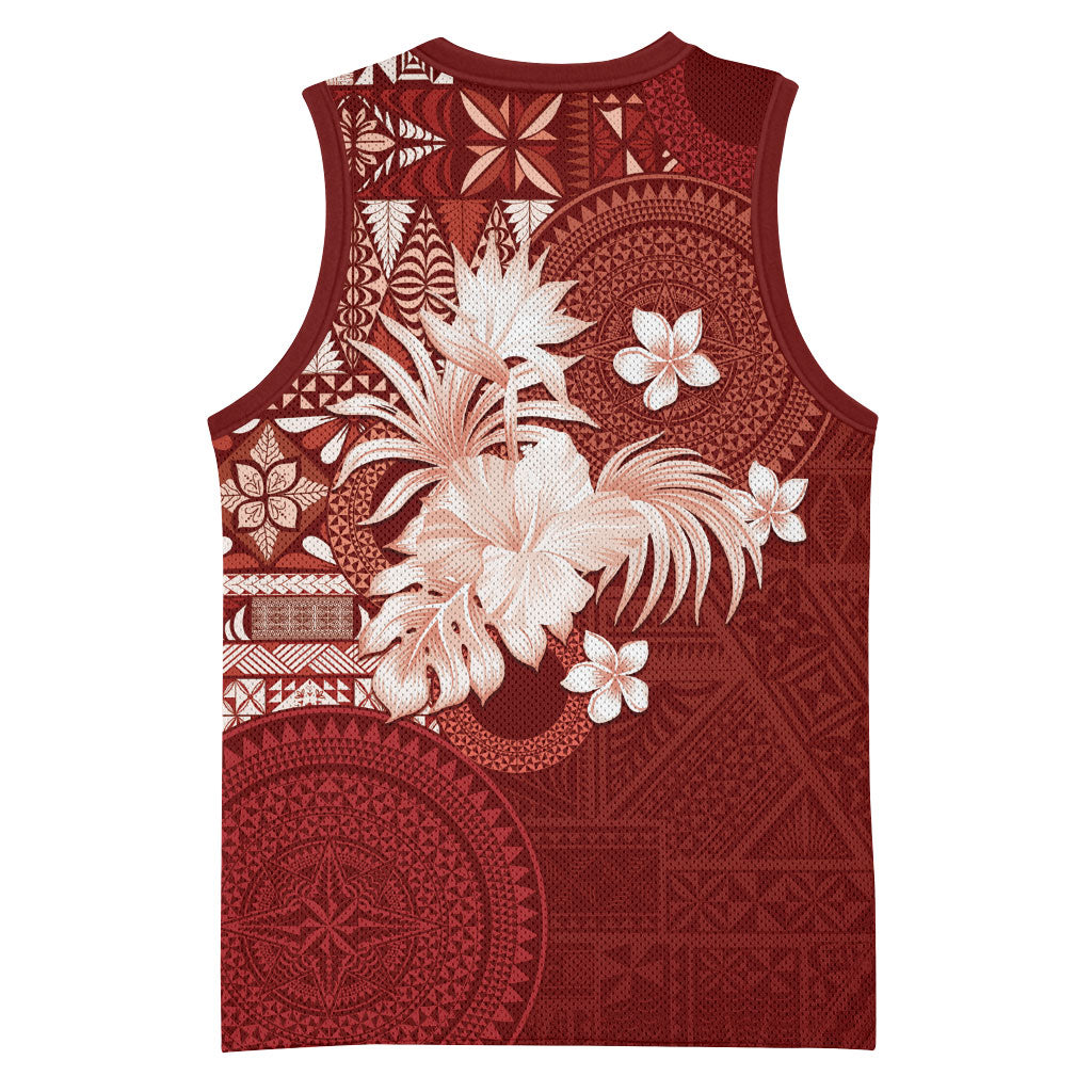 Tonga Ngatu Motifs Basketball Jersey With Coat Of Arms Red