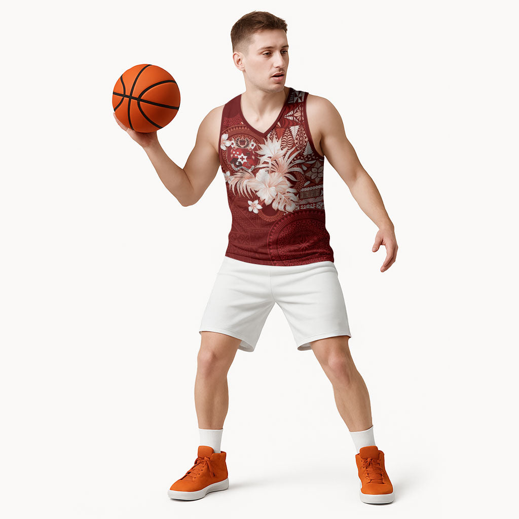 Tonga Ngatu Motifs Basketball Jersey With Coat Of Arms Red
