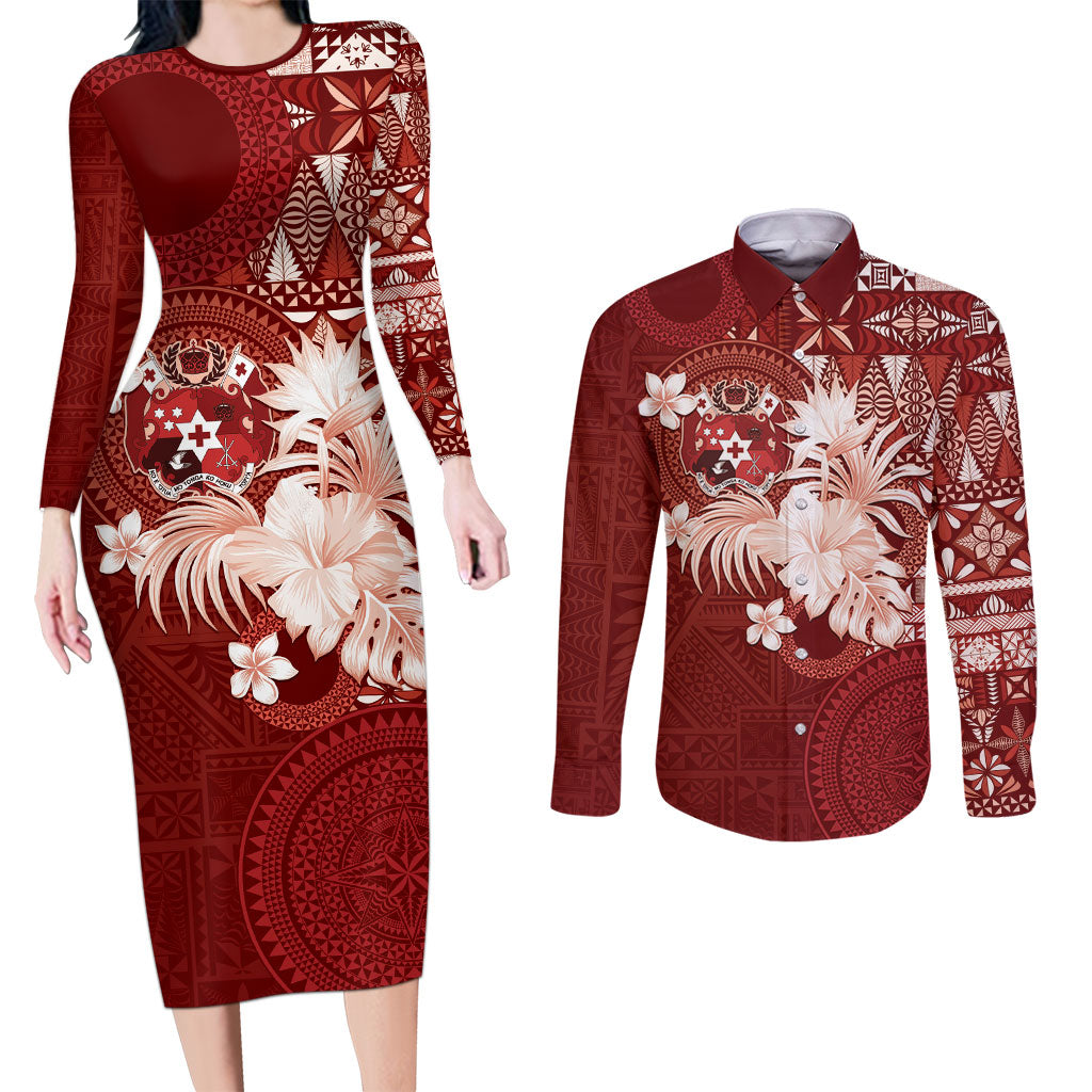Tonga Ngatu Motifs Couples Matching Long Sleeve Bodycon Dress and Long Sleeve Button Shirt With Coat Of Arms Red