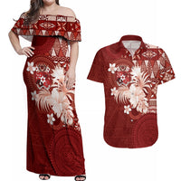 Tonga Ngatu Motifs Couples Matching Off Shoulder Maxi Dress and Hawaiian Shirt With Coat Of Arms Red