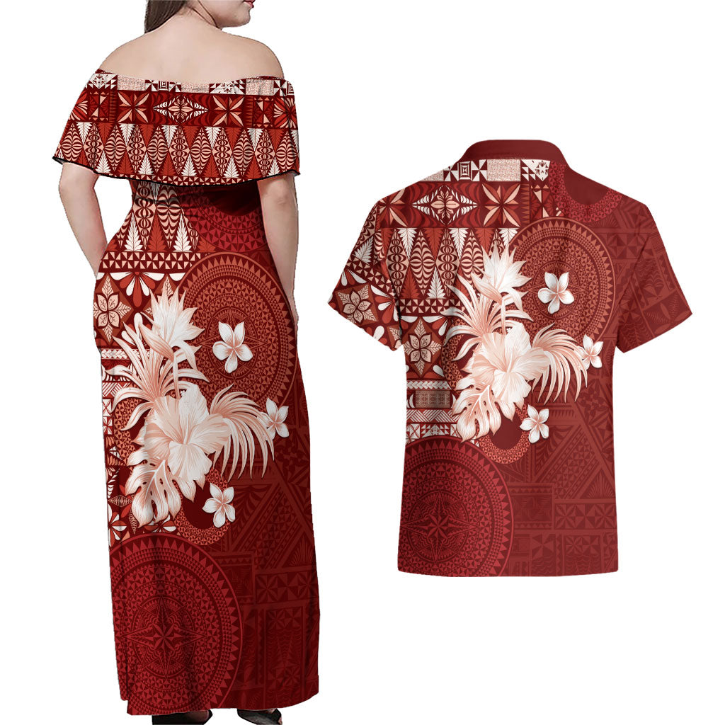 Tonga Ngatu Motifs Couples Matching Off Shoulder Maxi Dress and Hawaiian Shirt With Coat Of Arms Red
