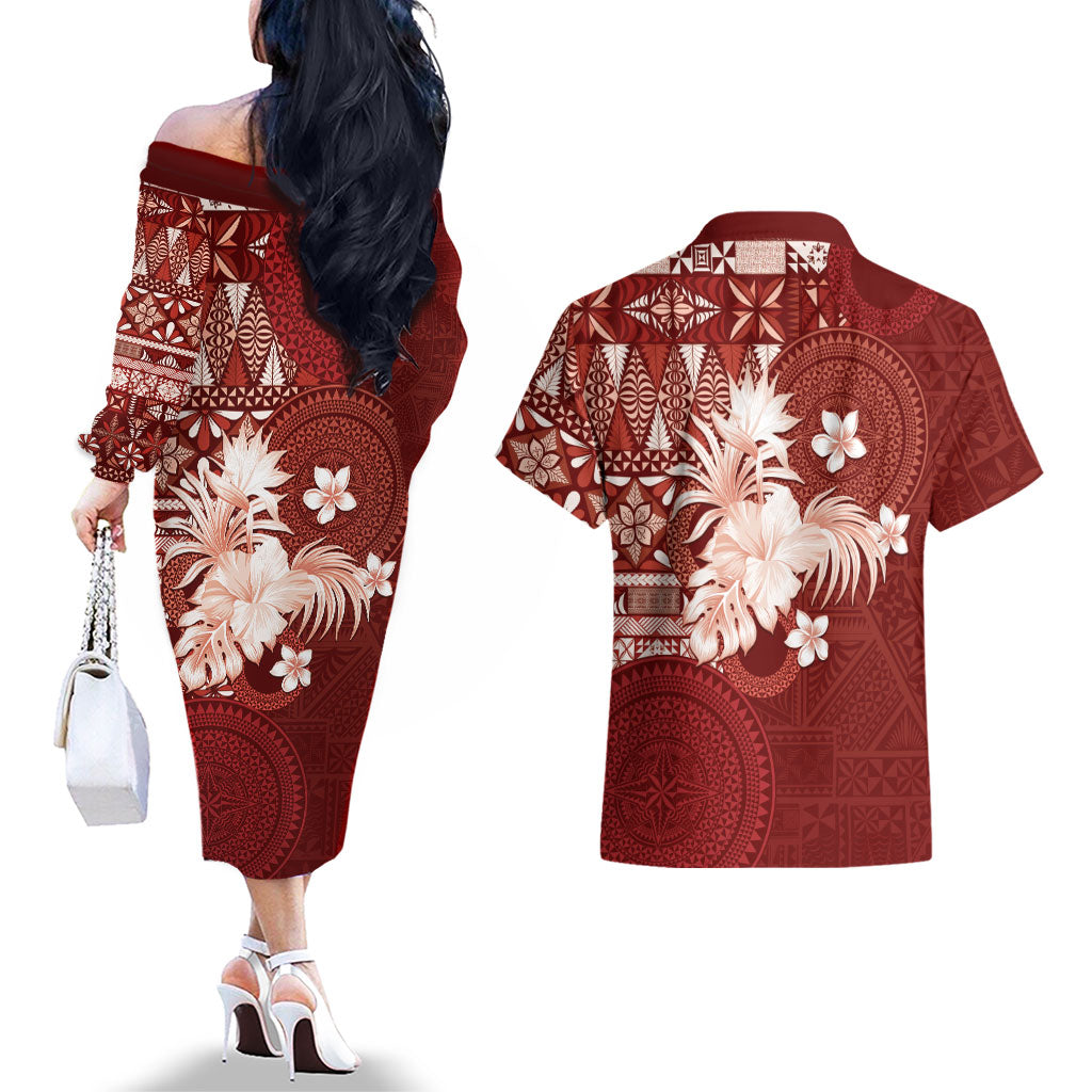 Tonga Ngatu Motifs Couples Matching Off The Shoulder Long Sleeve Dress and Hawaiian Shirt With Coat Of Arms Red LT05 - Polynesian Pride