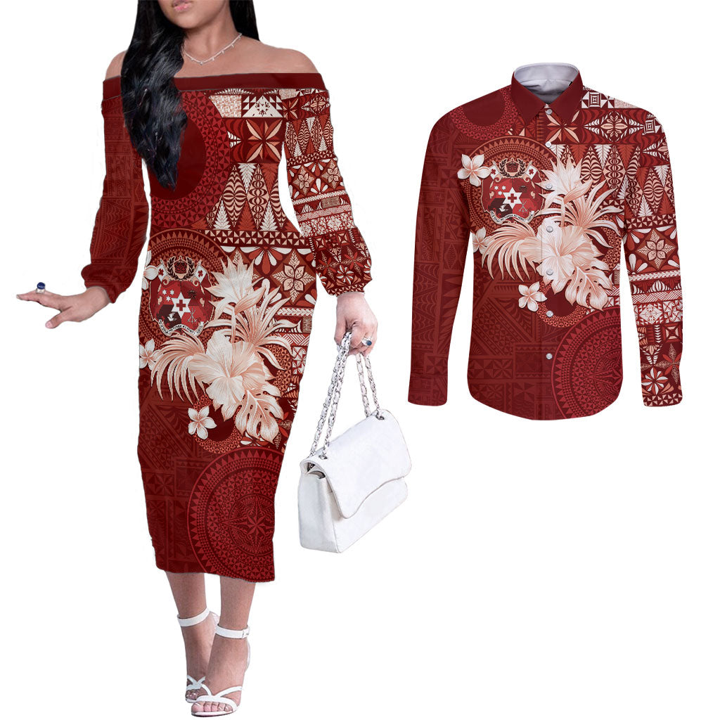 Tonga Ngatu Motifs Couples Matching Off The Shoulder Long Sleeve Dress and Long Sleeve Button Shirt With Coat Of Arms Red LT05 Red - Polynesian Pride