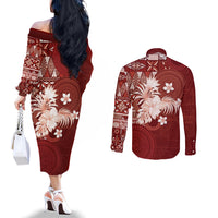 Tonga Ngatu Motifs Couples Matching Off The Shoulder Long Sleeve Dress and Long Sleeve Button Shirt With Coat Of Arms Red LT05 - Polynesian Pride