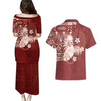 Tonga Ngatu Motifs Couples Matching Puletasi and Hawaiian Shirt With Coat Of Arms Red