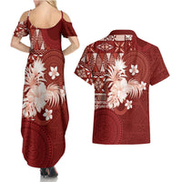 Tonga Ngatu Motifs Couples Matching Summer Maxi Dress and Hawaiian Shirt With Coat Of Arms Red