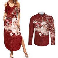 Tonga Ngatu Motifs Couples Matching Summer Maxi Dress and Long Sleeve Button Shirt With Coat Of Arms Red