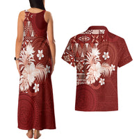 Tonga Ngatu Motifs Couples Matching Tank Maxi Dress and Hawaiian Shirt With Coat Of Arms Red LT05 - Polynesian Pride