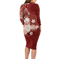 Tonga Ngatu Motifs Family Matching Long Sleeve Bodycon Dress and Hawaiian Shirt With Coat Of Arms Red LT05 - Polynesian Pride