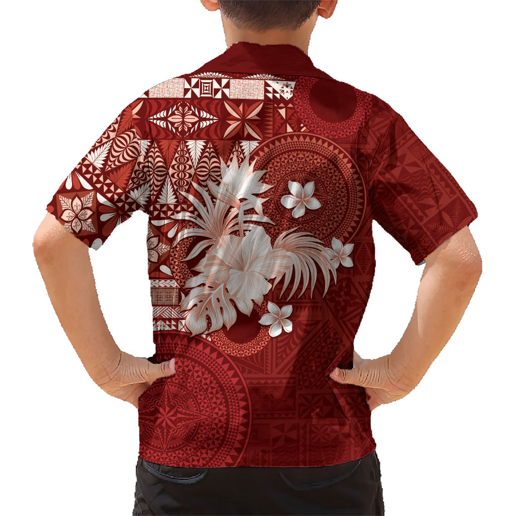 Tonga Ngatu Motifs Family Matching Mermaid Dress and Hawaiian Shirt With Coat Of Arms Red LT05 - Polynesian Pride