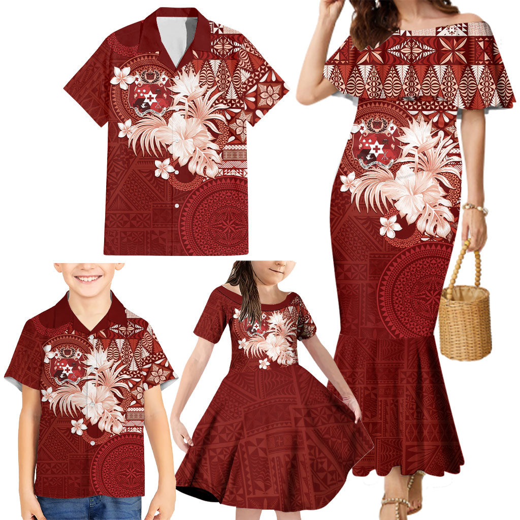 Tonga Ngatu Motifs Family Matching Mermaid Dress and Hawaiian Shirt With Coat Of Arms Red