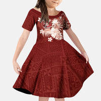 Tonga Ngatu Motifs Family Matching Off The Shoulder Long Sleeve Dress and Hawaiian Shirt With Coat Of Arms Red LT05 Daughter's Dress Red - Polynesian Pride