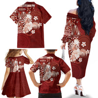 Tonga Ngatu Motifs Family Matching Off The Shoulder Long Sleeve Dress and Hawaiian Shirt With Coat Of Arms Red LT05 - Polynesian Pride