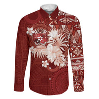 Tonga Ngatu Motifs Family Matching Off The Shoulder Long Sleeve Dress and Hawaiian Shirt With Coat Of Arms Red LT05 Dad's Shirt - Long Sleeve Red - Polynesian Pride