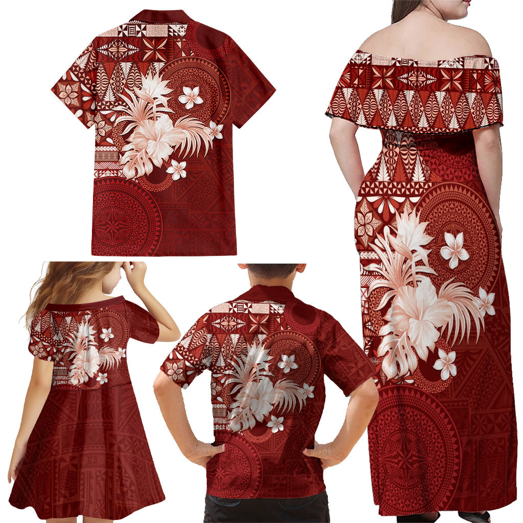 Tonga Ngatu Motifs Family Matching Off Shoulder Maxi Dress and Hawaiian Shirt With Coat Of Arms Red LT05 - Polynesian Pride