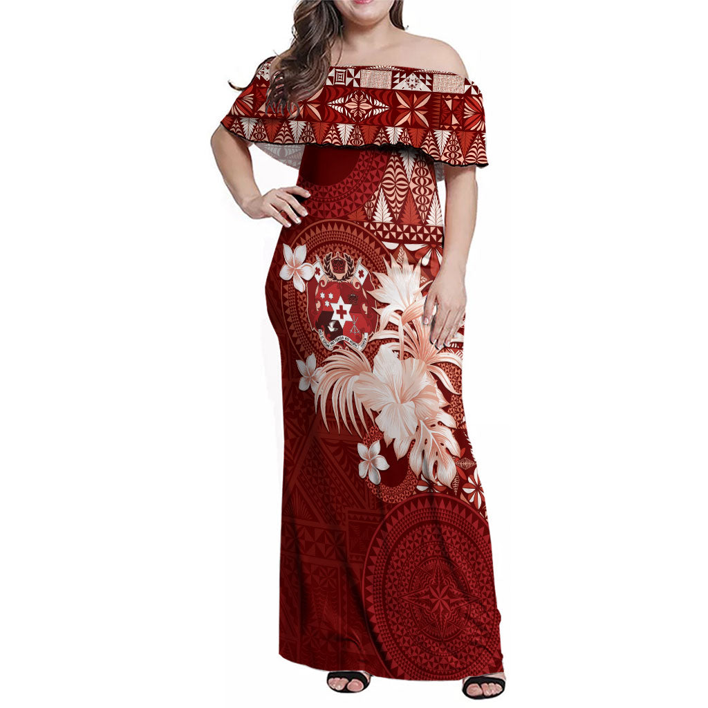 Tonga Ngatu Motifs Family Matching Off Shoulder Maxi Dress and Hawaiian Shirt With Coat Of Arms Red LT05 Mom's Dress Red - Polynesian Pride