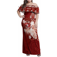 Tonga Ngatu Motifs Family Matching Off Shoulder Maxi Dress and Hawaiian Shirt With Coat Of Arms Red LT05 Mom's Dress Red - Polynesian Pride