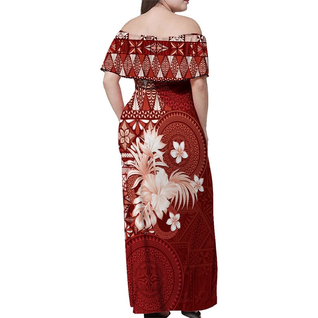 Tonga Ngatu Motifs Family Matching Off Shoulder Maxi Dress and Hawaiian Shirt With Coat Of Arms Red LT05 - Polynesian Pride