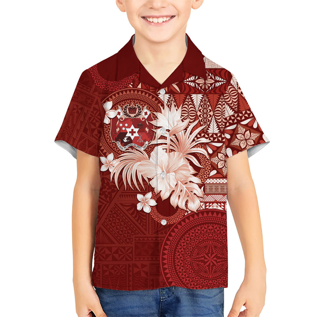 Tonga Ngatu Motifs Family Matching Off Shoulder Maxi Dress and Hawaiian Shirt With Coat Of Arms Red LT05 Son's Shirt Red - Polynesian Pride