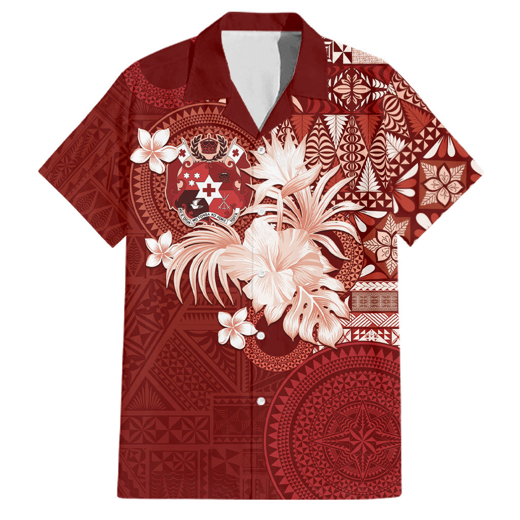 Tonga Ngatu Motifs Family Matching Puletasi and Hawaiian Shirt With Coat Of Arms Red LT05 Dad's Shirt - Short Sleeve Red - Polynesian Pride