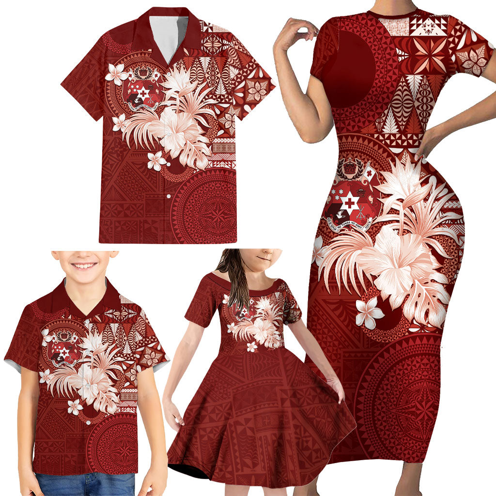 Tonga Ngatu Motifs Family Matching Short Sleeve Bodycon Dress and Hawaiian Shirt With Coat Of Arms Red LT05 - Polynesian Pride