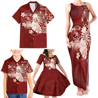Tonga Ngatu Motifs Family Matching Tank Maxi Dress and Hawaiian Shirt With Coat Of Arms Red LT05 - Polynesian Pride