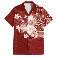Tonga Ngatu Motifs Family Matching Tank Maxi Dress and Hawaiian Shirt With Coat Of Arms Red LT05 Dad's Shirt - Short Sleeve Red - Polynesian Pride