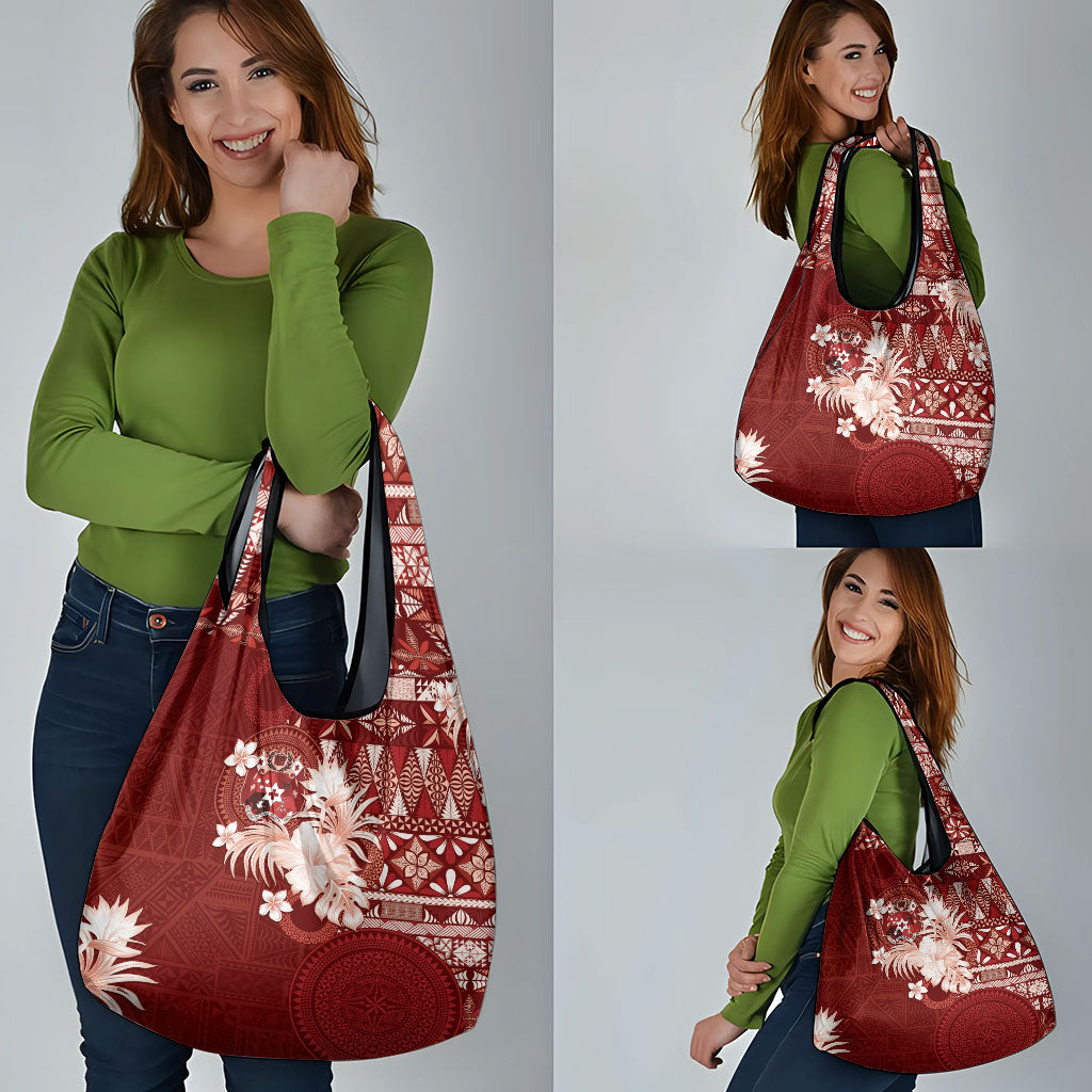 Tonga Ngatu Motifs Grocery Bag With Coat Of Arms Red