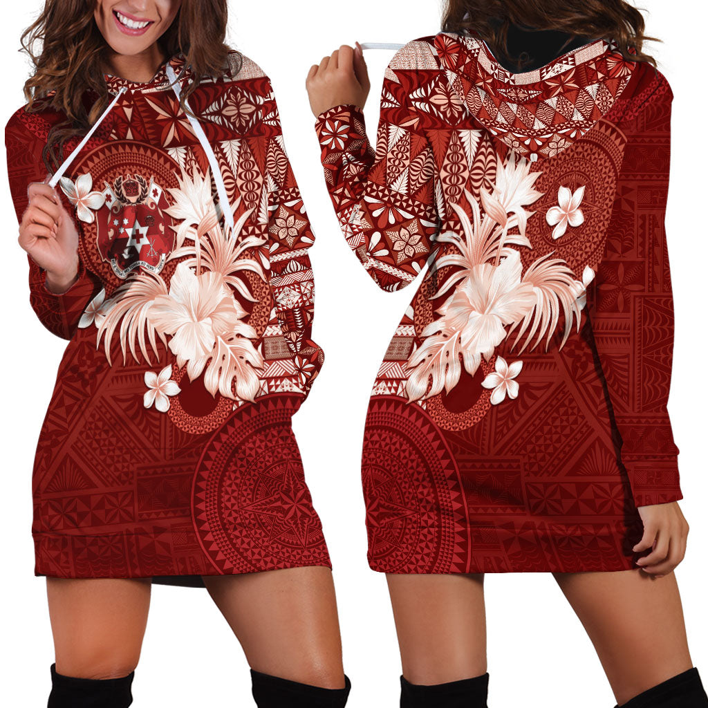 Tonga Ngatu Motifs Hoodie Dress With Coat Of Arms Red