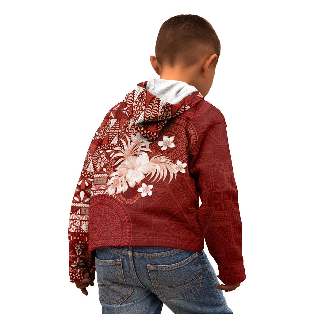 Tonga Ngatu Motifs Kid Hoodie With Coat Of Arms Red