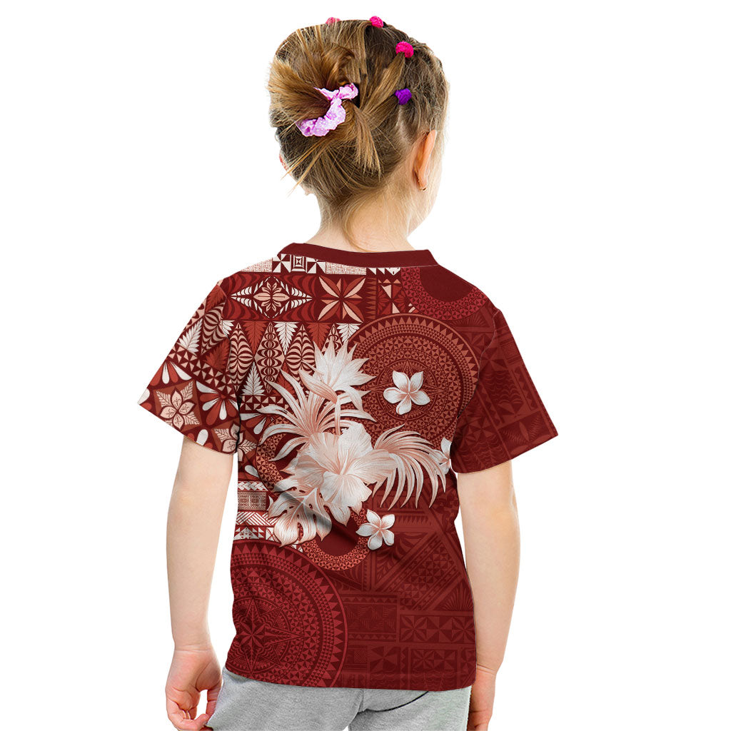 Tonga Ngatu Motifs Kid T Shirt With Coat Of Arms Red