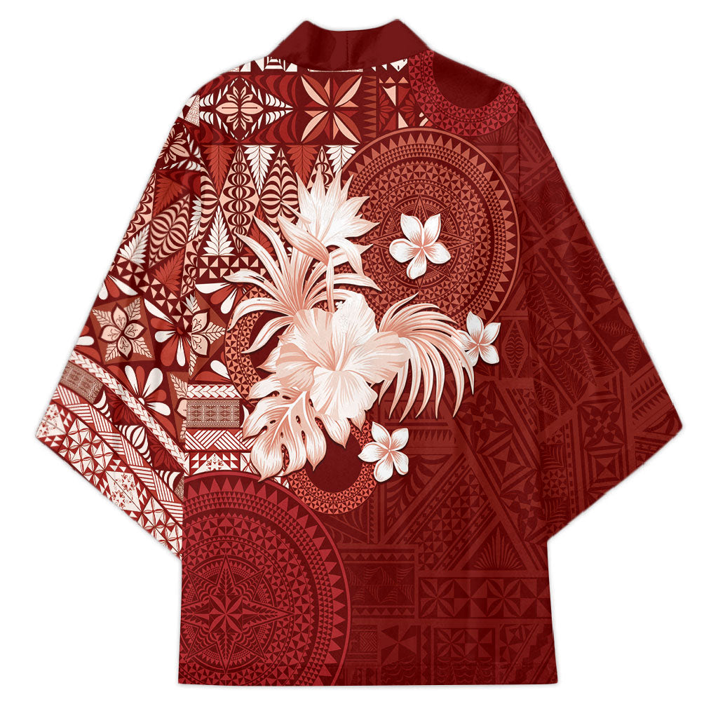 Tonga Ngatu Motifs Kimono With Coat Of Arms Red