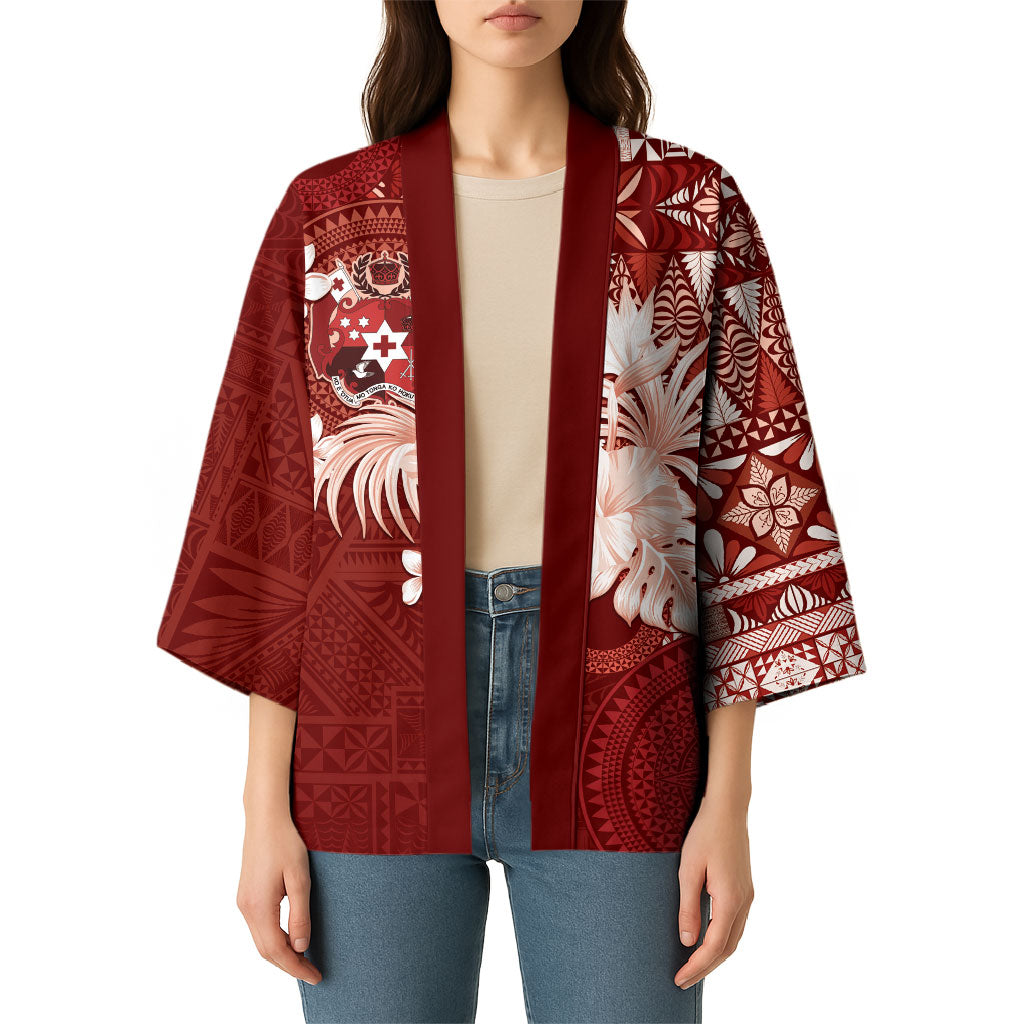 Tonga Ngatu Motifs Kimono With Coat Of Arms Red