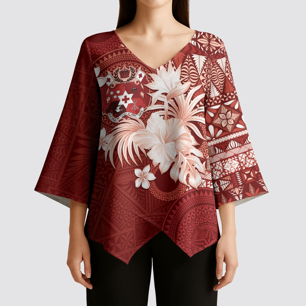 Tonga Ngatu Motifs Kimono Sleeve Blouse With Coat Of Arms Red