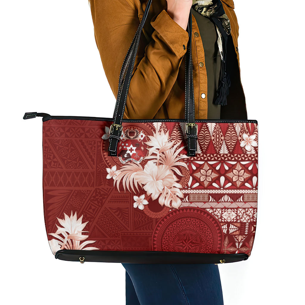Tonga Ngatu Motifs Leather Tote Bag With Coat Of Arms Red