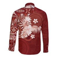 Tonga Ngatu Motifs Long Sleeve Button Shirt With Coat Of Arms Red