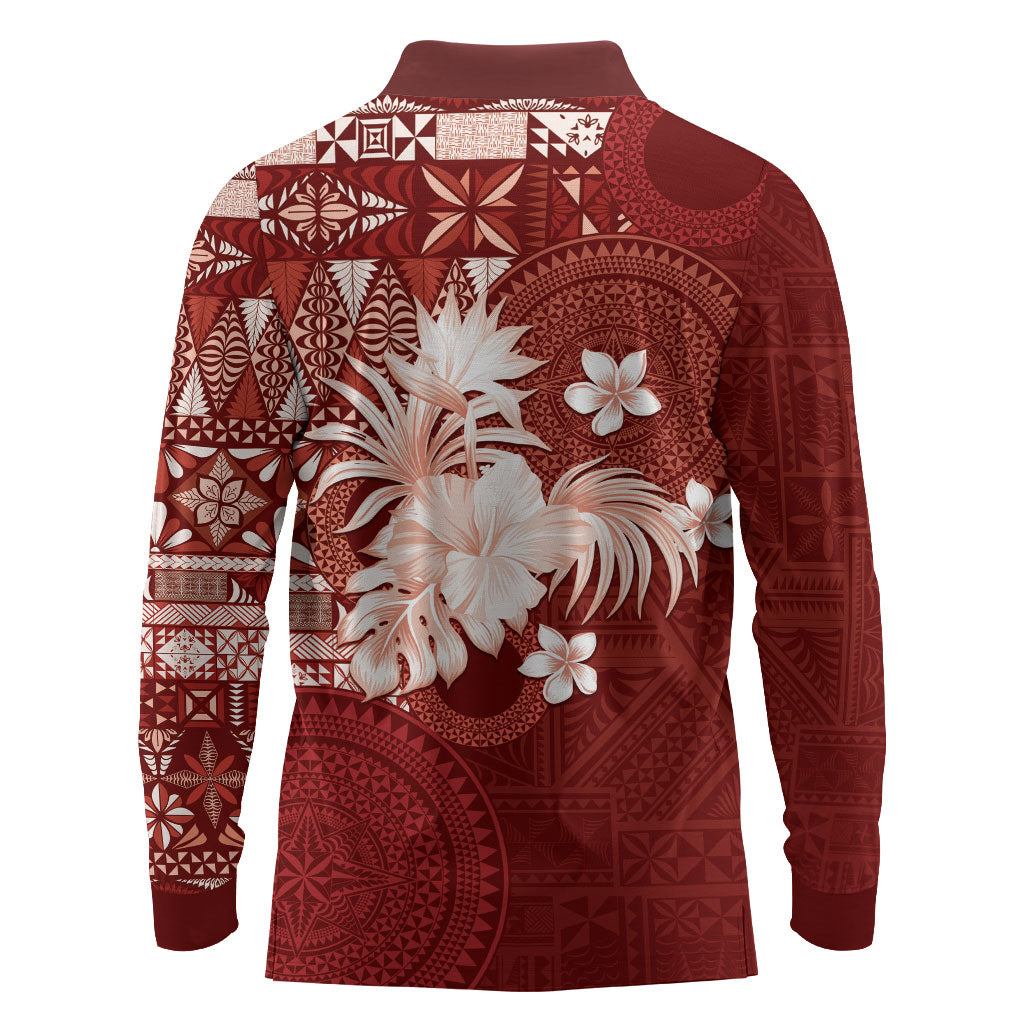 Tonga Ngatu Motifs Long Sleeve Polo Shirt With Coat Of Arms Red