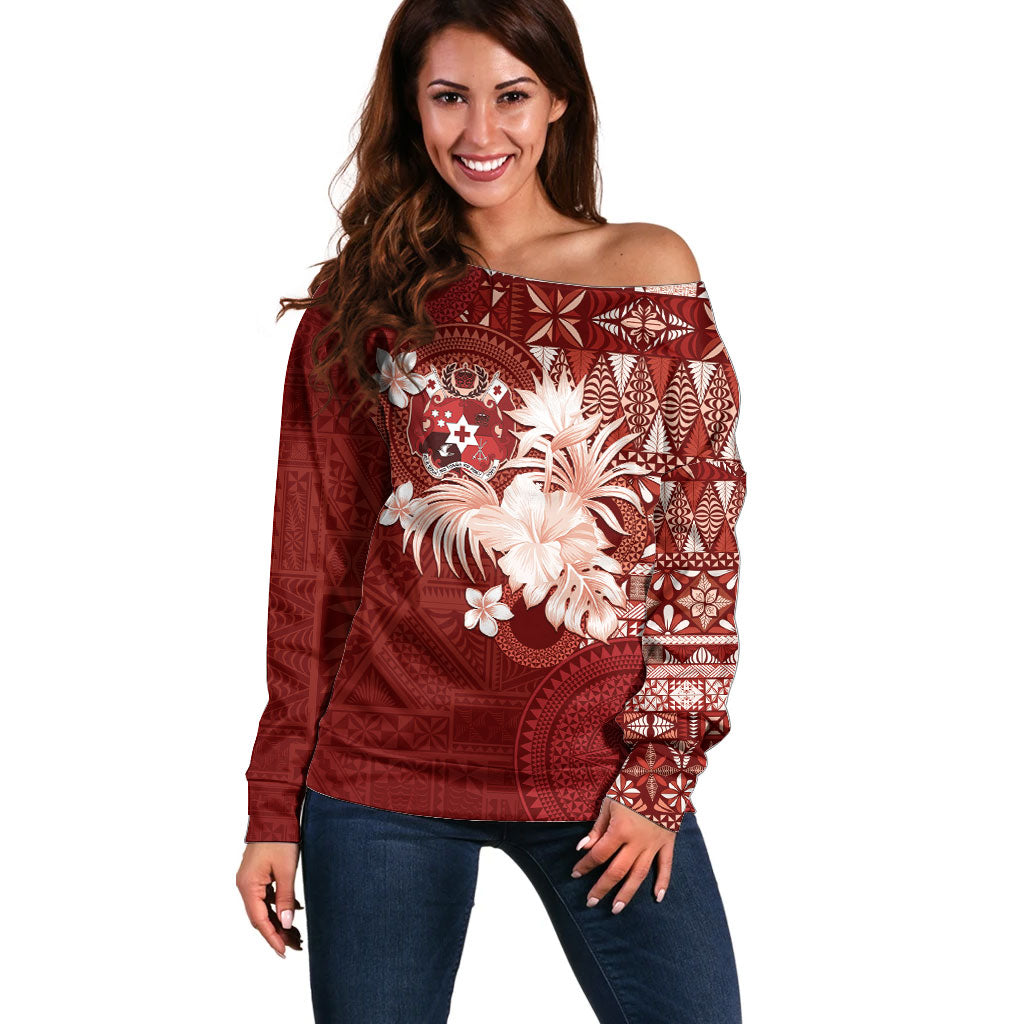 Tonga Ngatu Motifs Off Shoulder Sweater With Coat Of Arms Red
