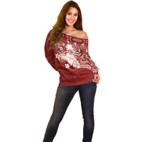 Tonga Ngatu Motifs Off Shoulder Sweater With Coat Of Arms Red